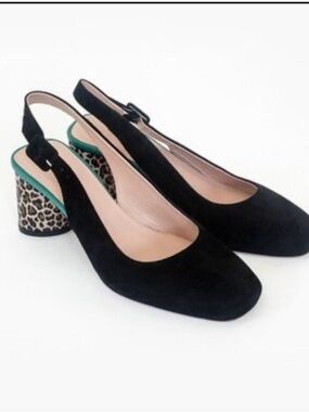 KK Dodds Black Slingback Block Heels with Leopard-Print Accent